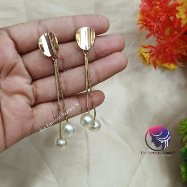 Western Pearl Drop Golden Long Earrings - Image 3