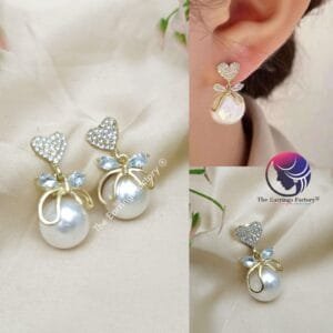 Korean Stylish Golden Heart Stone Pearl Drop Earrings