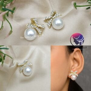 Korean Stylish Golden Bow Stone Pearl Studs