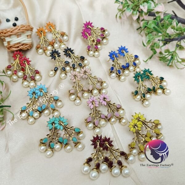 Trending Golden Floral Stone Pearl Drop Earrings