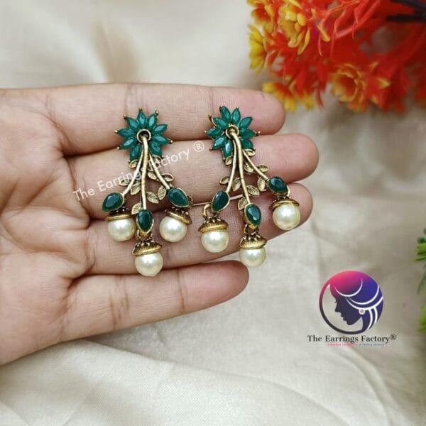 Trending Golden Floral Stone Pearl Drop Earrings - Image 2