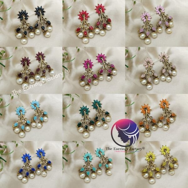 Trending Golden Floral Stone Pearl Drop Earrings - Image 3
