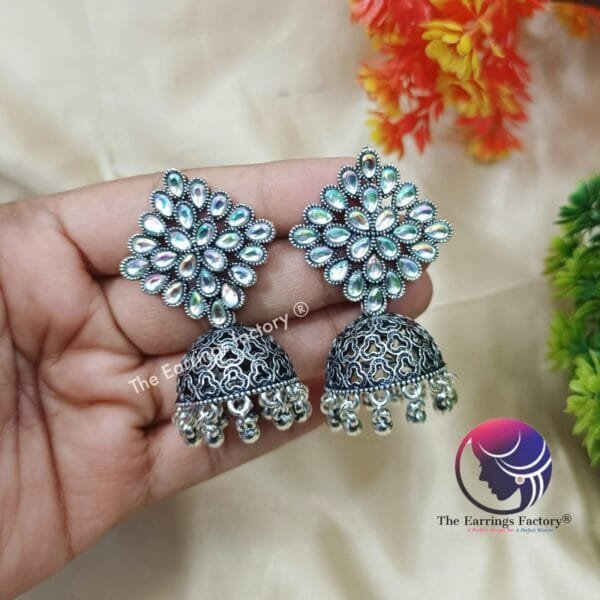 Trending Weightless Silver Stone Jhumka - Image 4