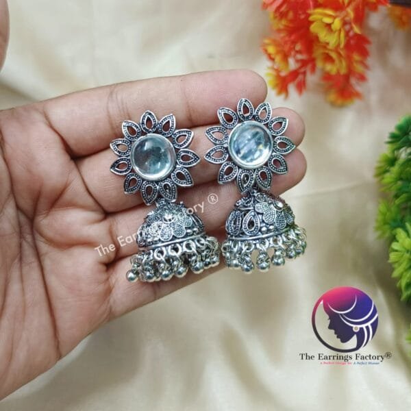 Trending Weightless Silver Stone Jhumka - Image 3