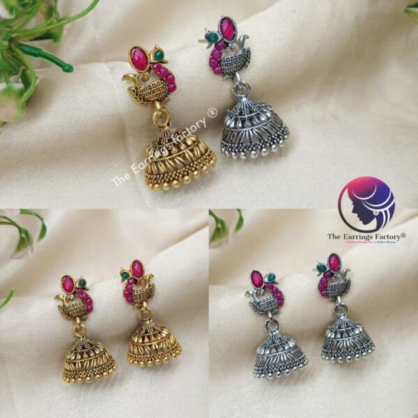 Traditional Peacock  Golden | Silver Stone Jhumka