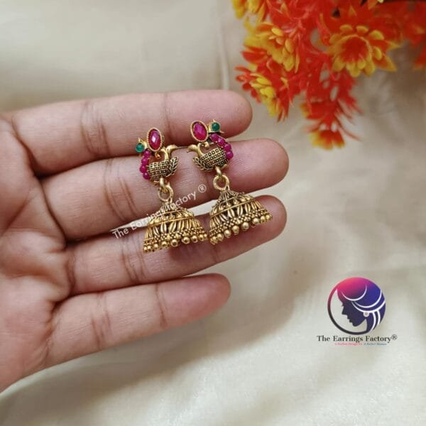 Traditional Peacock  Golden | Silver Stone Jhumka - Image 3