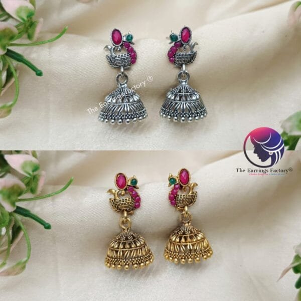Traditional Peacock  Golden | Silver Stone Jhumka - Image 2