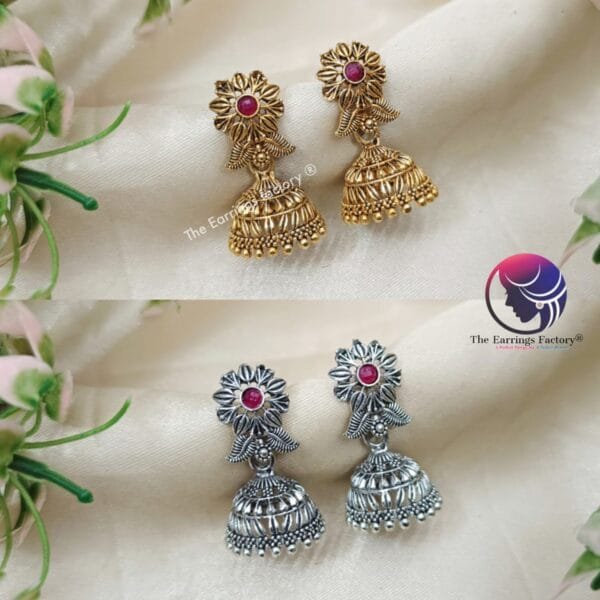 Traditional Golden | Silver Stone Jhumka - Image 2