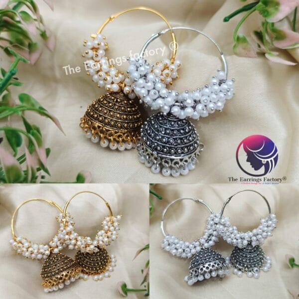 Traditional Golden | Silver Pearl Beads Hoop Ring Jhumka