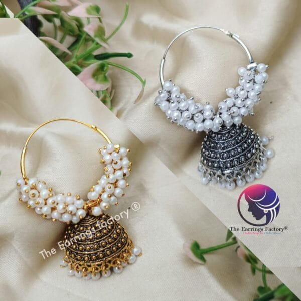 Traditional Golden | Silver Pearl Beads Hoop Ring Jhumka - Image 2
