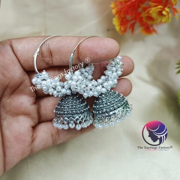 Traditional Golden | Silver Pearl Beads Hoop Ring Jhumka - Image 3