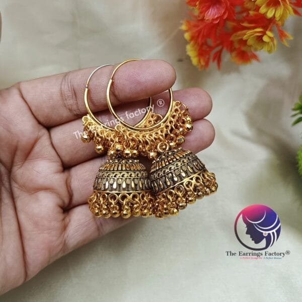 Traditional Golden Beads Hoop Ring Jhumka - Image 2