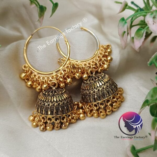 Traditional Golden Beads Hoop Ring Jhumka - Image 4