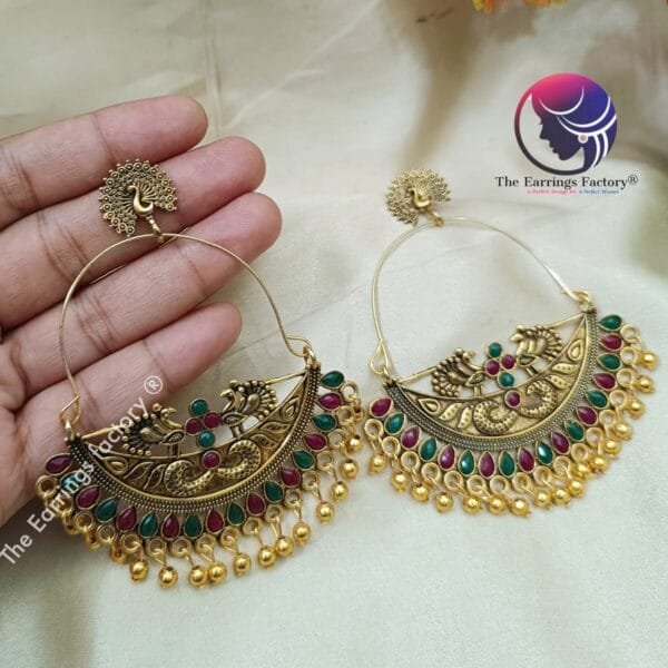 Trending Big Size Chandbali Golden | Silver Peacock Earrings - Image 3