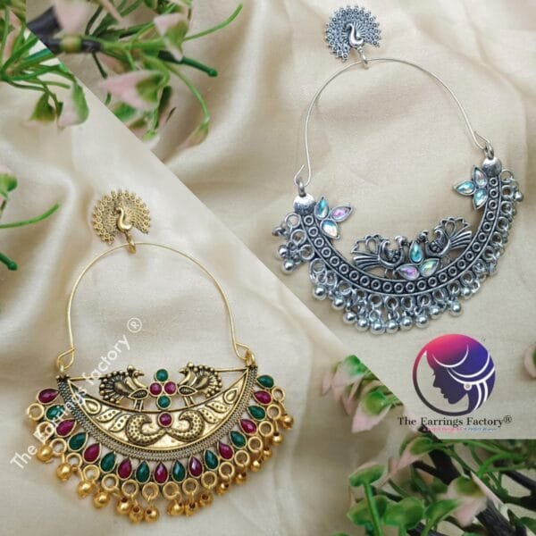 Trending Big Size Chandbali Golden | Silver Peacock Earrings - Image 2
