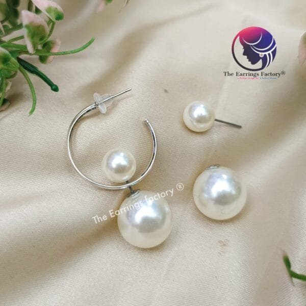 Trending Silver Hoop  2 In one Pearl Studs - Image 5