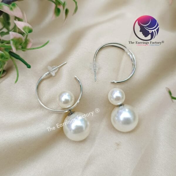 Trending Silver Hoop  2 In one Pearl Studs - Image 4