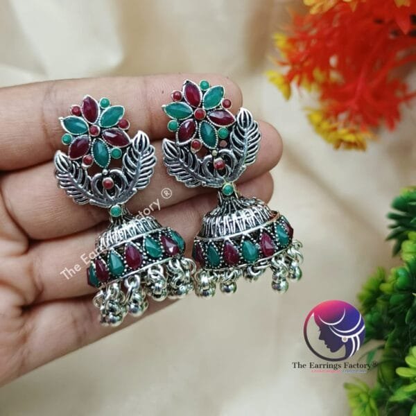 Trending Weightless Silver Multi Stone Jhumka - Image 4