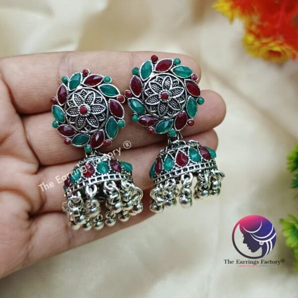 Trending Weightless Silver Multi Stone Jhumka - Image 3
