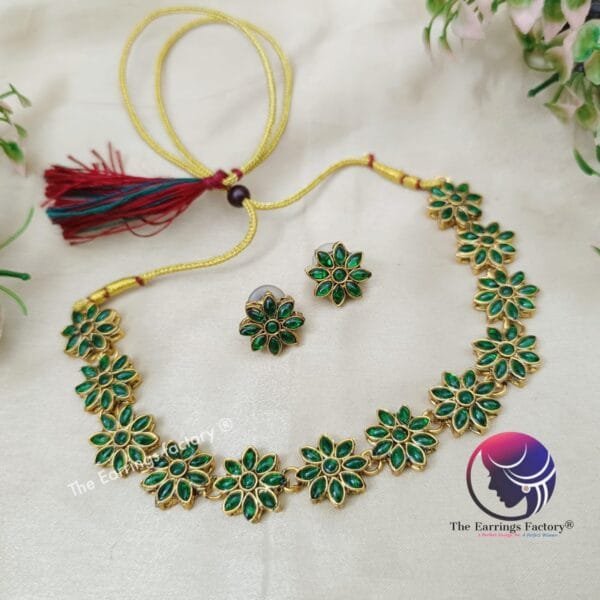Trending Golden Floral Stone Neckset with Earrings - Image 2