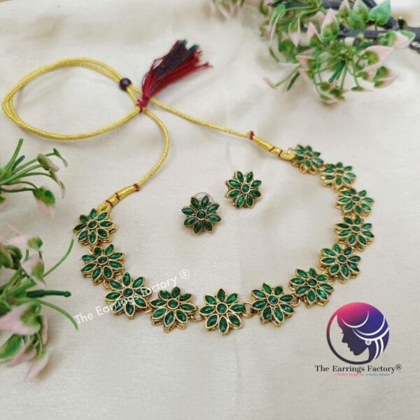 Trending Golden Floral Stone Neckset with Earrings