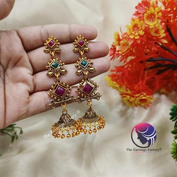 Traditional Golden | Silver Stone Long Jhumka - Image 2