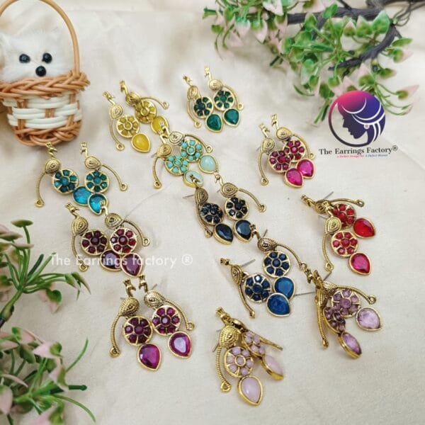 Traditional Golden Peacock Stone Dangle Earrings