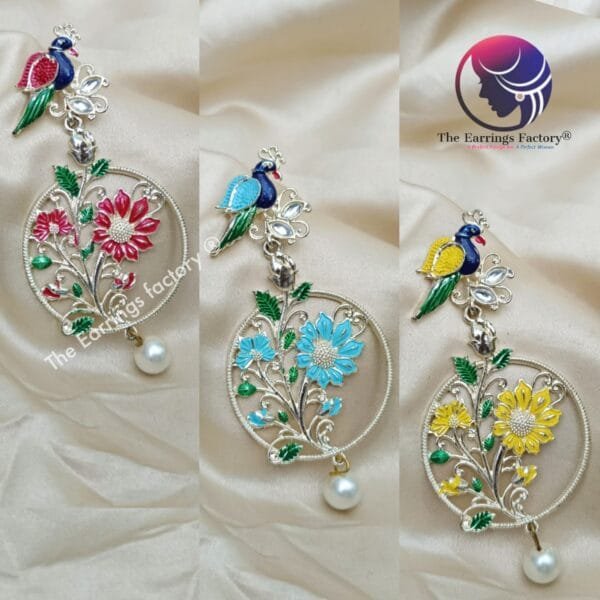 Premium Silver Bird Meenakari Earrings - Image 3