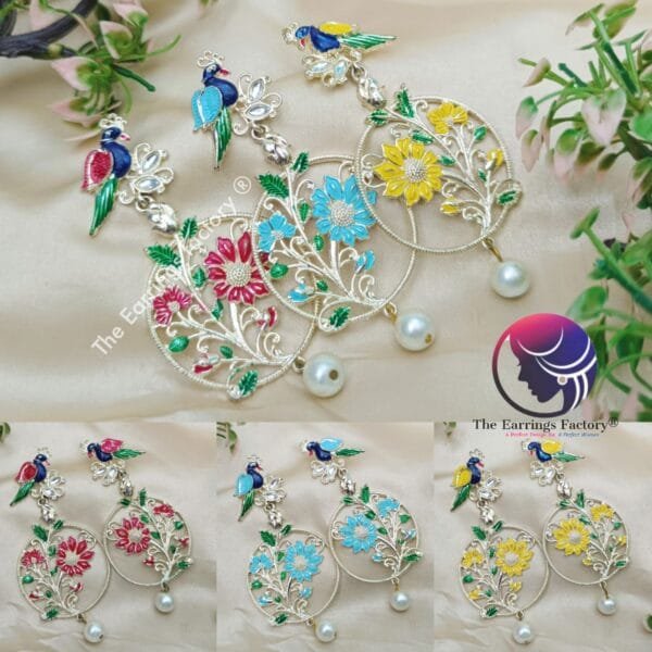 Premium Silver Bird Meenakari Earrings