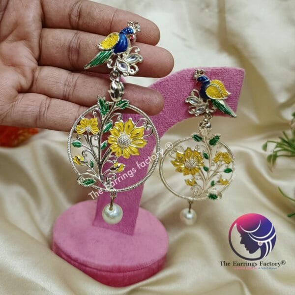 Premium Silver Bird Meenakari Earrings - Image 4