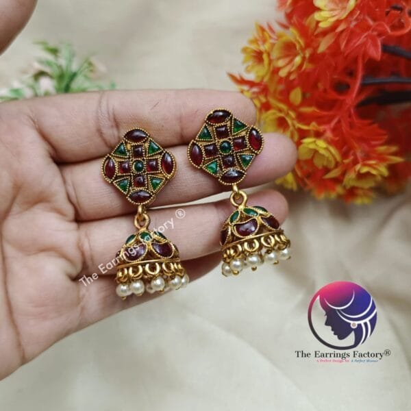 Traditional Antique Kemp Stone Jhumka - Image 3