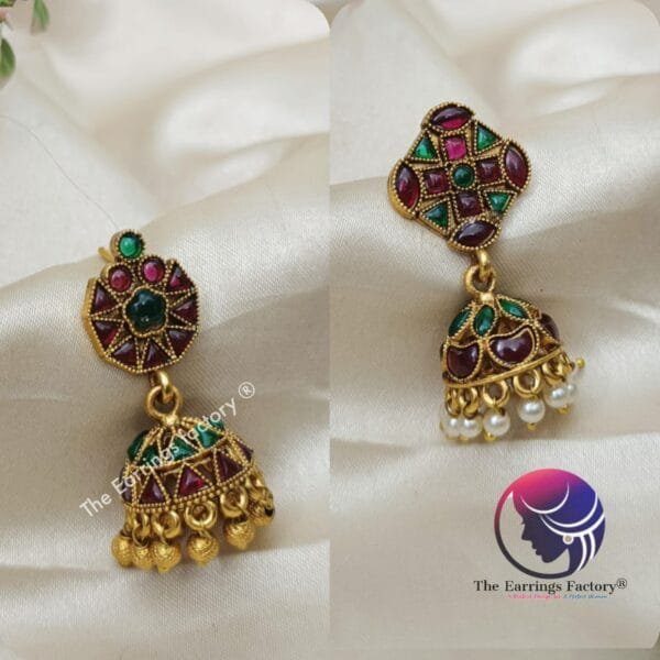 Traditional Antique Kemp Stone Jhumka - Image 2