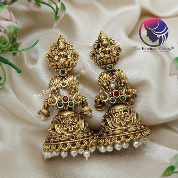 Traditional Antique Lakshmi Stone Jhumka - Image 3