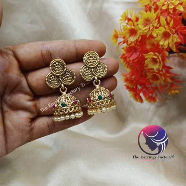 Traditional Antique Lakshmi Stone Jhumka - Image 2