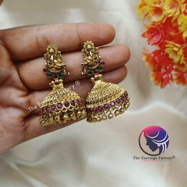 Traditional Antique Ganesh Stone Jhumka - Image 2