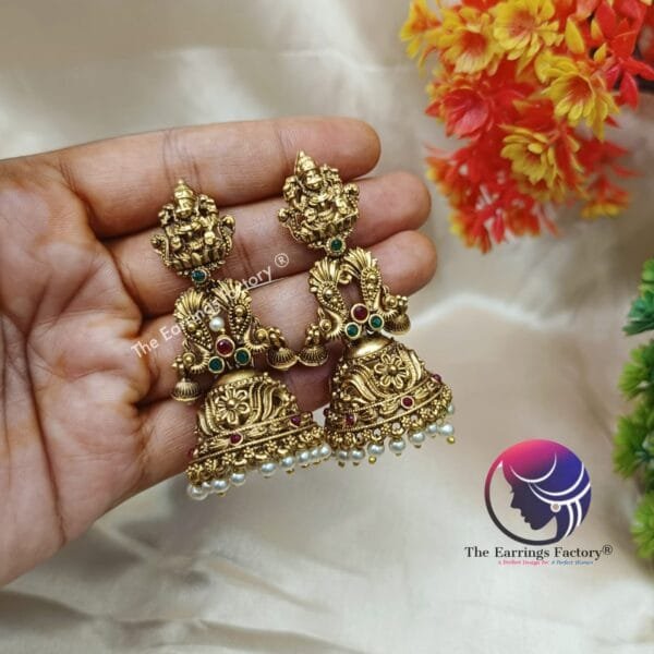 Traditional Antique Lakshmi Stone Jhumka - Image 4