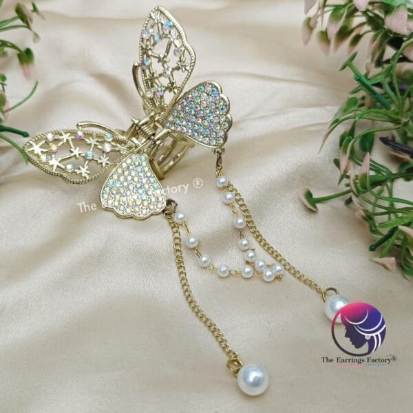 Korean Gold Pearl Tassel Butterfly Metal Clutcher - Image 2