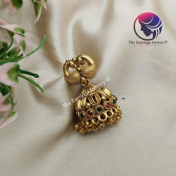 Traditional Antique Peacock Stone Jhumka - Image 3