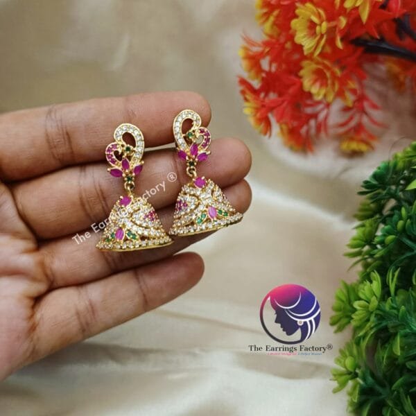 Premium Traditional Antique Back Screw Stone Jhumka - Image 2
