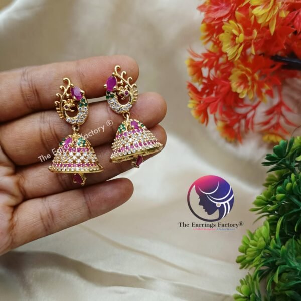 Premium Traditional Antique Peacock Back Screw Stone Jhumka - Image 4