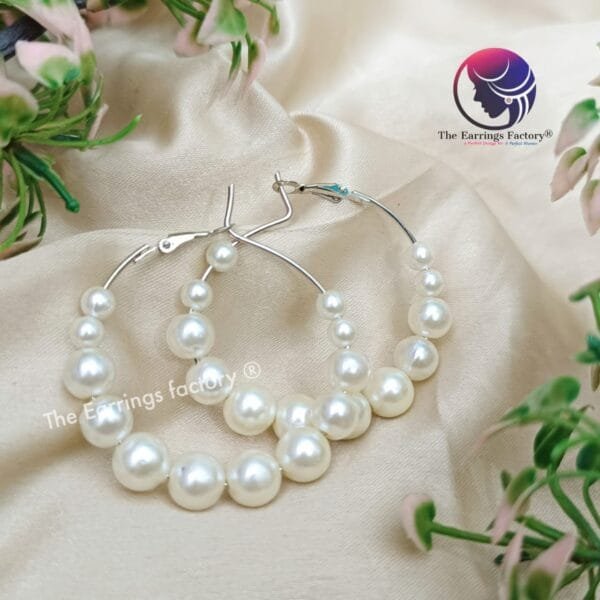 Western Silver Hoop Pearl Ring Earrings - Image 2