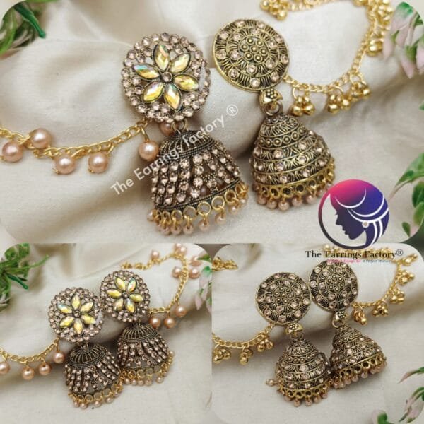 Trending Golden Jhumka With  Ear chain Mattal