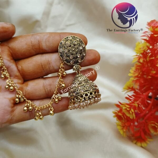 Trending Golden Jhumka With  Ear chain Mattal - Image 2