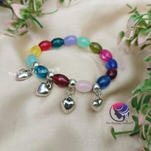 Multi Colour Pearl Beaded Stretchable Silver Heart Bracelet