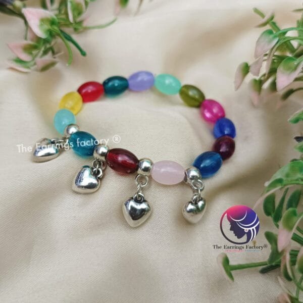 Multi Colour Pearl Beaded Stretchable Silver Heart Bracelet
