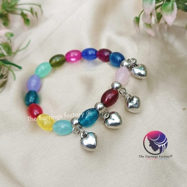 Multi Colour Pearl Beaded Stretchable Silver Heart Bracelet - Image 3