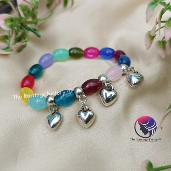 Multi Colour Pearl Beaded Stretchable Silver Heart Bracelet - Image 2
