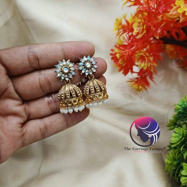Traditional Golden Blinking stone  Jhumka - Image 4