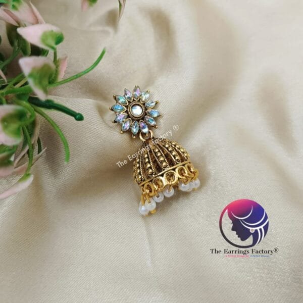 Traditional Golden Blinking stone  Jhumka - Image 2