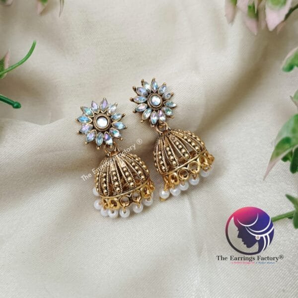 Traditional Golden Blinking stone  Jhumka - Image 3